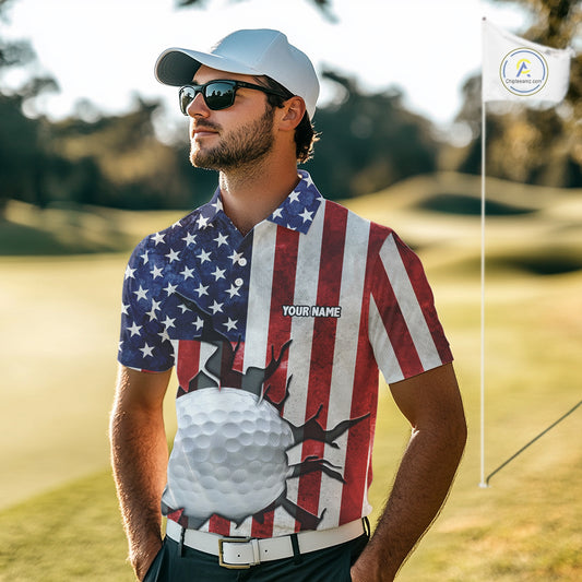 Vintage American Flag broken golf ball Mens Golf polo shirts Custom patriotic Golf attire For Mens NQS10051