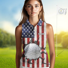 Load image into Gallery viewer, Vintage American Flag broken golf ball Women Sleeveless polos Custom patriotic Ladies Golf attire NQS10051