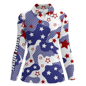 Womens golf polo shirts red white and blue star pattern custom golf shirt for womens, golfing gift NQS5846