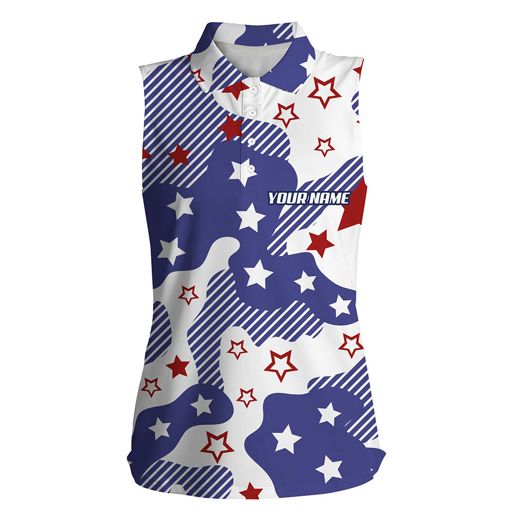 Women sleeveless polo shirt red white and blue star pattern custom golf shirt for womens, golfing gift NQS5846