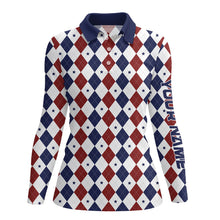 Load image into Gallery viewer, Women golf polo shirt custom red, white and blue argyle plaid pattern golf attire for ladies NQS7969