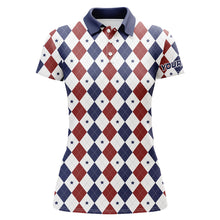 Load image into Gallery viewer, Women golf polo shirt custom red, white and blue argyle plaid pattern golf attire for ladies NQS7969