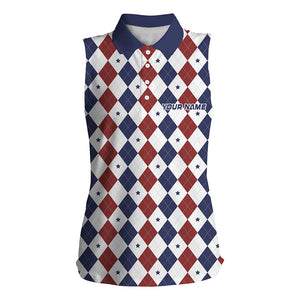 Women sleeveless polo shirt custom red, white and blue argyle plaid pattern golf attire for ladies NQS7969