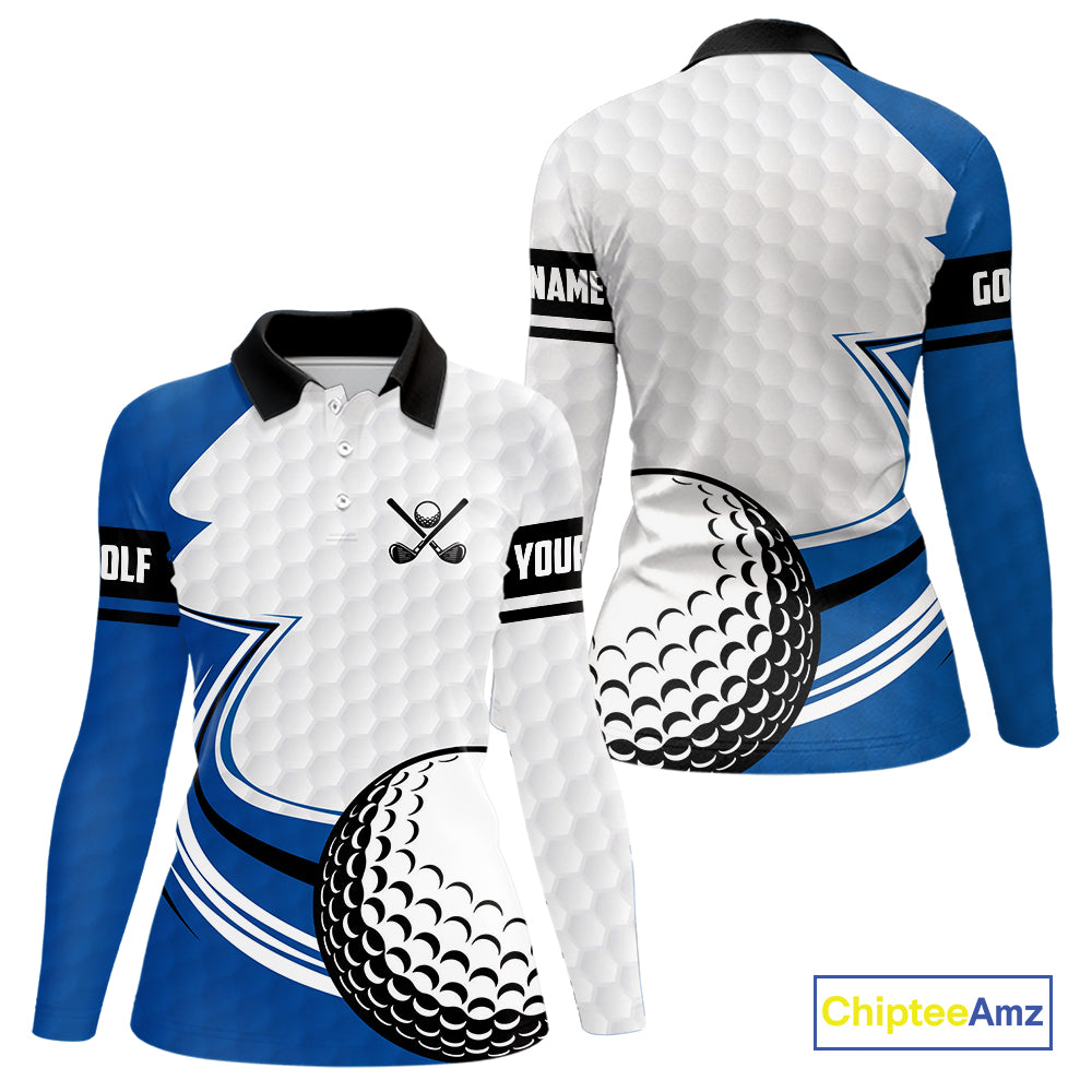 Blue & white golf ball short sleeve, long sleeve golf polo shirts custom name golf gifts for Women NQS10214
