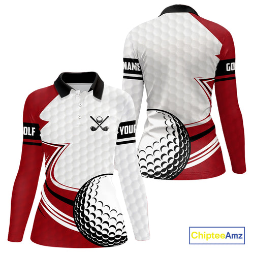 Red & white golf ball short sleeve, long sleeve golf polo shirts custom name golf gifts for Women NQS10215