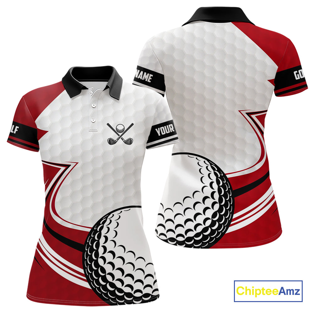 Red & white golf ball short sleeve, long sleeve golf polo shirts custom name golf gifts for Women NQS10215