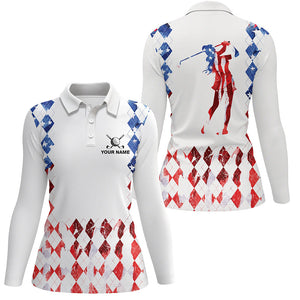 Red white and blue American flag argyle pattern Women golf polo shirts custom patriotic women golf top NQS8394