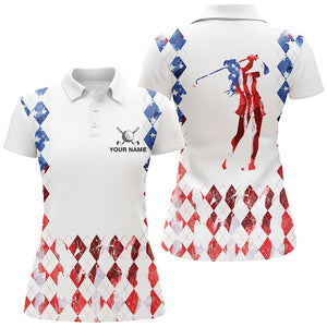 American flag argyle pattern matching golf polo shirts for couples custom patriotic golf outfits NQS8394