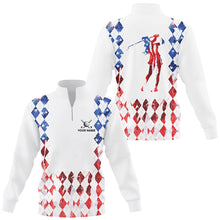 Load image into Gallery viewer, Red white, blue American flag argyle pattern Quarter zip golf sweatshirt custom patriotic golf sweater NQS8394