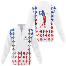 Load image into Gallery viewer, Red white, blue American flag argyle pattern Quarter zip golf sweatshirt custom patriotic golf sweater NQS8394