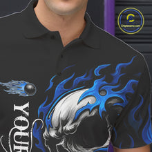 Load image into Gallery viewer, Custom Black and Blue Flame Skull Bowling Shirts For Men, Personalized Skull Team Bowling Jersey NQS10574