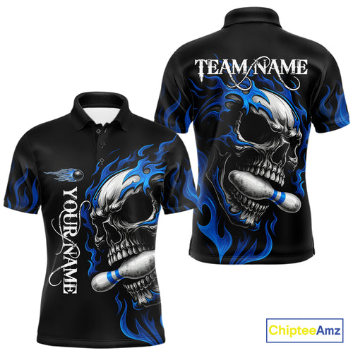 Custom Black and Blue Flame Skull Bowling Shirts For Men, Personalized Skull Team Bowling Jersey NQS10574