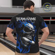 Load image into Gallery viewer, Custom Black and Blue Flame Skull Bowling Shirts For Men, Personalized Skull Team Bowling Jersey NQS10574