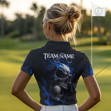 Load image into Gallery viewer, Custom Black and Blue Flame Skull Womens golf polo shirts, Personalized Skull Team Ladies Golf Outfit NQS10576