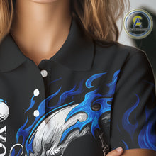 Load image into Gallery viewer, Custom Black and Blue Flame Skull Womens golf polo shirts, Personalized Skull Team Ladies Golf Outfit NQS10576