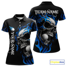 Load image into Gallery viewer, Custom Black and Blue Flame Skull Womens golf polo shirts, Personalized Skull Team Ladies Golf Outfit NQS10576