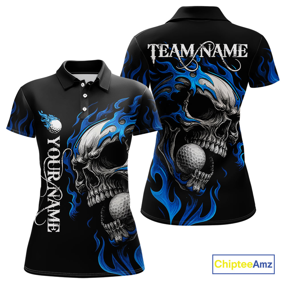 Custom Black and Blue Flame Skull Womens golf polo shirts, Personalized Skull Team Ladies Golf Outfit NQS10576