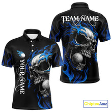 Load image into Gallery viewer, Custom Black and Blue Flame Skull Mens golf polo shirts, Personalized Skull Team Mens Golf Outfit NQS10576