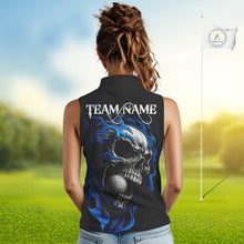 Load image into Gallery viewer, Custom Black and Blue Flame Skull Women&#39;s Sleeveless Polo Shirt, Skull Team Ladies Golf Outfit NQS10576