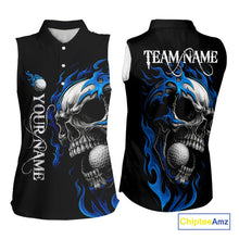Load image into Gallery viewer, Custom Black and Blue Flame Skull Women&#39;s Sleeveless Polo Shirt, Skull Team Ladies Golf Outfit NQS10576