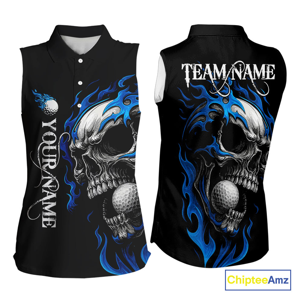 Custom Black and Blue Flame Skull Women's Sleeveless Polo Shirt, Skull Team Ladies Golf Outfit NQS10576