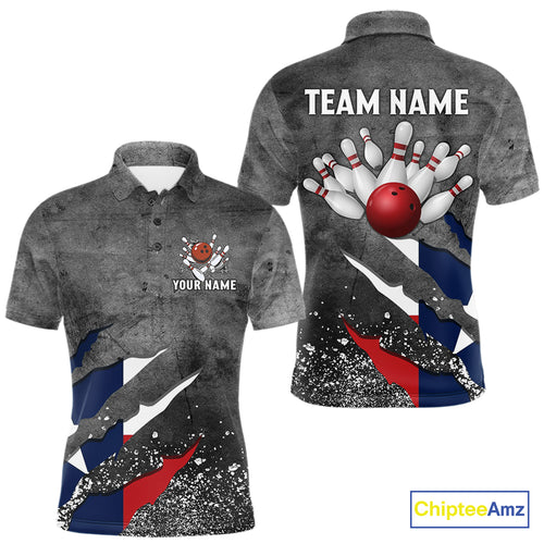 Gray Grunge Texas Flag Bowling Polo, Quarter Zip shirt for men Custom patriotic Team bowling jersey NQS10579