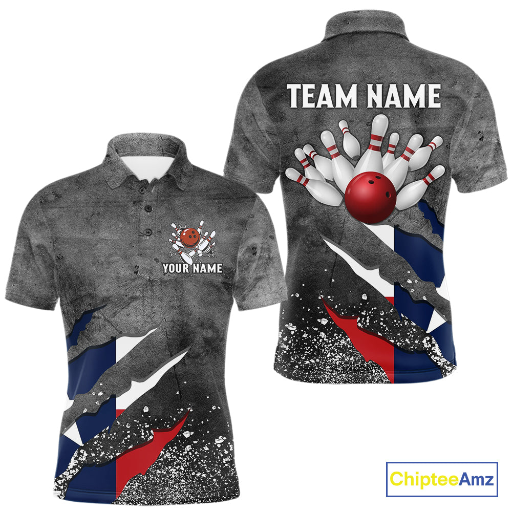 Gray Grunge Texas Flag Bowling Polo, Quarter Zip shirt for men Custom patriotic Team bowling jersey NQS10579