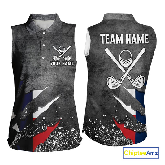 Gray Grunge Texas Flag Women's Sleeveless Polo Shirt Custom patriotic Golf attire for ladies NQS10580