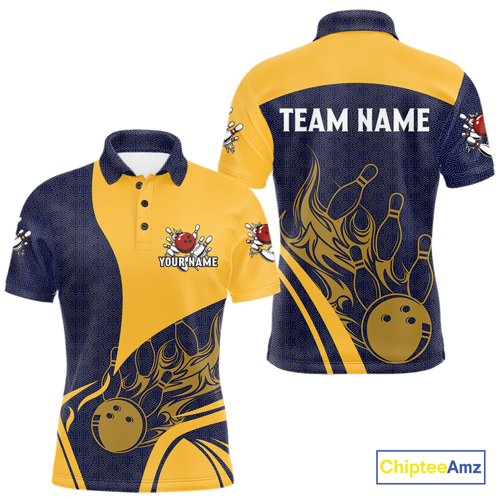 Blue and Yellow flame Bowling polo, 1/4 zip shirts for men custom Bowling team jerseys bowlers outfit NQS10983