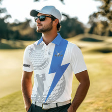 Load image into Gallery viewer, Blue and White Mens golf polo shirts custom golf attire for mens, unique mens golf apparel NQS9312