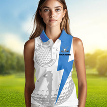 Load image into Gallery viewer, Blue and White Womens sleeveless golf polo shirt custom women golf attire, unique ladies golf apparel NQS9312