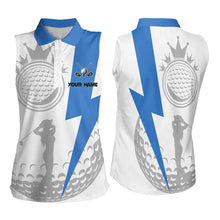 Load image into Gallery viewer, Blue and White Womens sleeveless golf polo shirt custom women golf attire, unique ladies golf apparel NQS9312