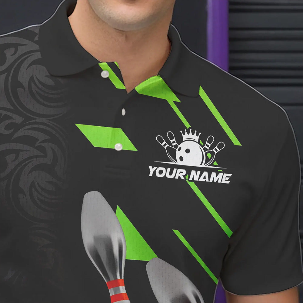 Silver Bowling Ball pins Team bowling shirts for Men custom bowling Polo, Quarter zip jersey | Green NQS9628