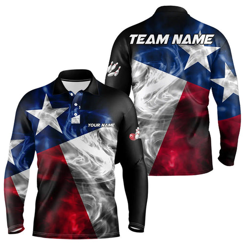Smoke Texas Flag Black Bowling Polo, Quarter Zip shirt for men Custom patriotic Team bowling jersey NQS9631