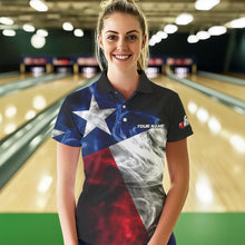 Load image into Gallery viewer, Smoke Texas Flag Black Women Bowling Polo, Quarter Zip shirt Custom patriotic Team bowling jersey NQS9631