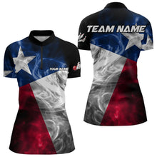 Load image into Gallery viewer, Smoke Texas Flag Black Women Bowling Polo, Quarter Zip shirt Custom patriotic Team bowling jersey NQS9631