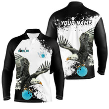 Load image into Gallery viewer, Black and white Mens bowling polo shirts Custom Eagle Team bowling shirts, gift for bowlers | Blue NQS7404