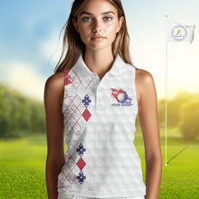 Load image into Gallery viewer, Red, White &amp; Blue argyle American Flag Women sleeveless polo shirt custom golf apparel for ladies NQS9814