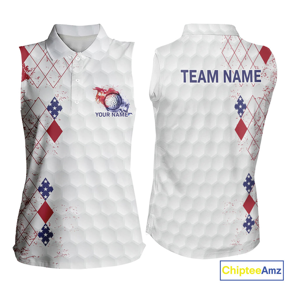 Red, White & Blue argyle American Flag Women sleeveless polo shirt custom golf apparel for ladies NQS9814