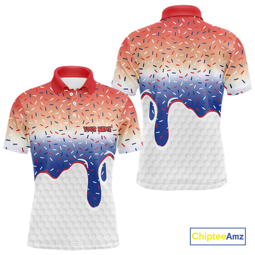 Red, white and blue dripping candy Mens Golf polo shirts Custom funny Golf attire For Mens NQS10058