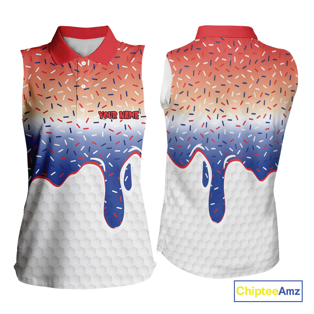 Red, white and blue dripping candy Women Sleeveless polos shirt Custom funny Golf attire For Women NQS10058