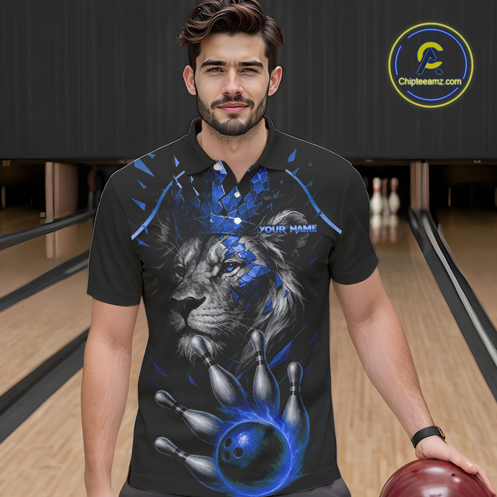 Custom Black and Blue Lion Bowling Polo, Quarter Zip shirts for Men, Lion Team Bowling Jerseys NQS10585