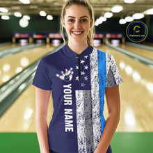 Load image into Gallery viewer, Blue Grunge American Flag Bowling Shirts For Women Custom patriotic Bowling Team League Jerseys NQS11176