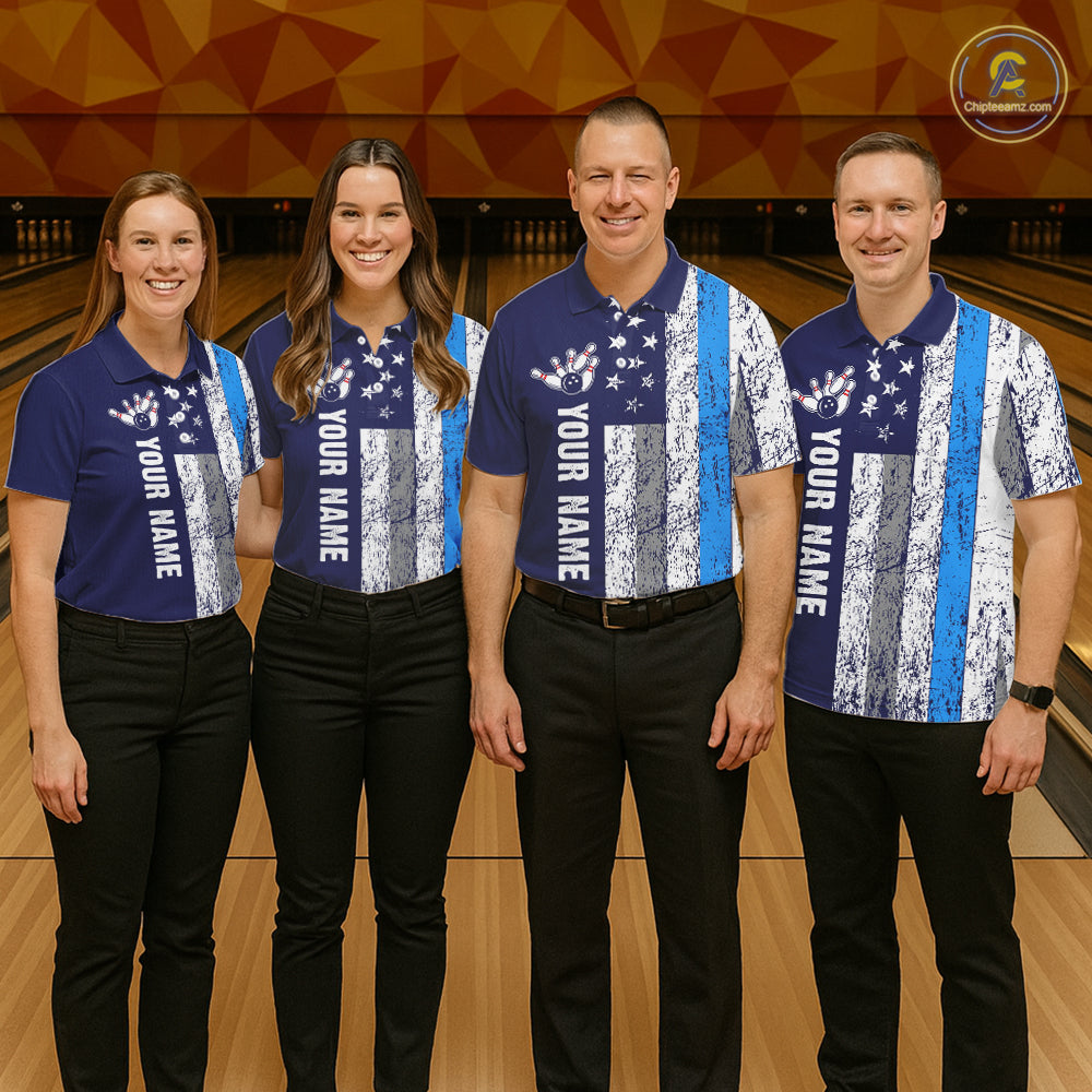 Blue Grunge American Flag Bowling Shirts For Women Custom patriotic Bowling Team League Jerseys NQS11176