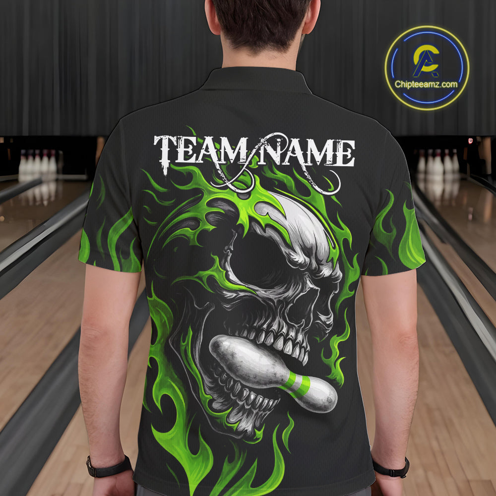 Custom Black and Green Flame Skull Bowling Shirts For Men, Personalized Skull Team Bowling Jersey NQS10793