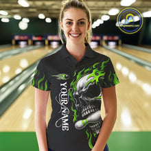 Load image into Gallery viewer, Custom Black and Green Flame Skull Bowling Shirts For Women, Personalized Skull Team Bowling Jersey NQS10793
