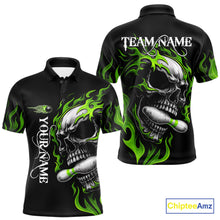 Load image into Gallery viewer, Custom Black and Green Flame Skull Bowling Shirts For Men, Personalized Skull Team Bowling Jersey NQS10793