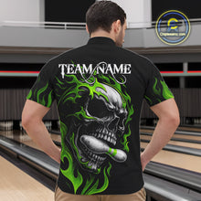 Load image into Gallery viewer, Custom Black and Green Flame Skull Bowling Shirts For Men, Personalized Skull Team Bowling Jersey NQS10793