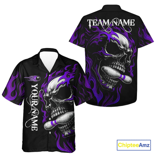 Custom Black and Purple Flame Skull Bowling Hawaiian Shirt, Personalized Skull Team Bowling Jersey NQS10794