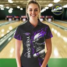 Load image into Gallery viewer, Custom Black and Purple Flame Skull Bowling Shirts For Women, Personalized Skull Team Bowling Jersey NQS10794